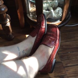Dark red faux crocodile skin block heel loafers